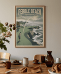 Sports themed coastal course print with green turf, blue sea, and distant horizon