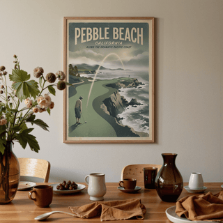 Sports themed coastal course print with green turf, blue sea, and distant horizon
