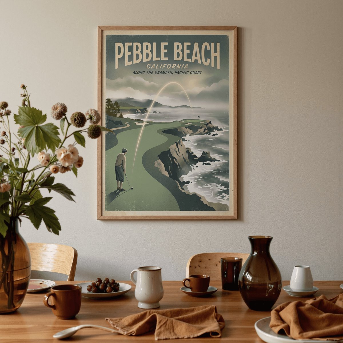 Sports themed coastal course print with green turf, blue sea, and distant horizon
