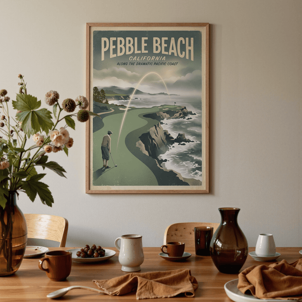 Sports themed coastal course print with green turf, blue sea, and distant horizon