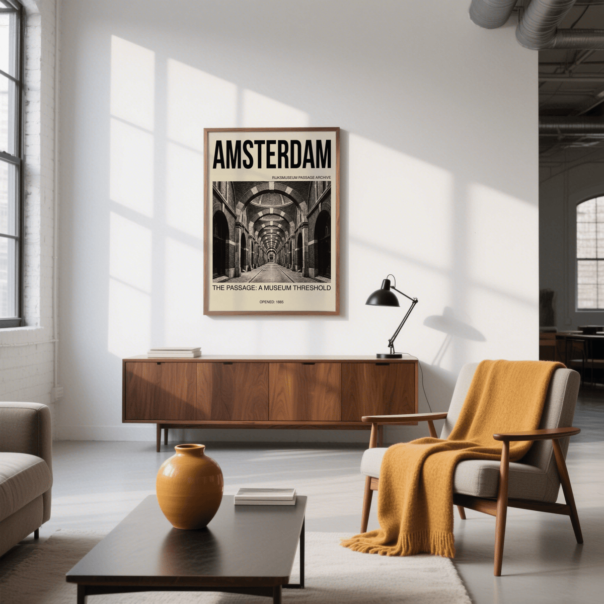 Black and White wall art poster showing long arched arcade and centered path through the passage