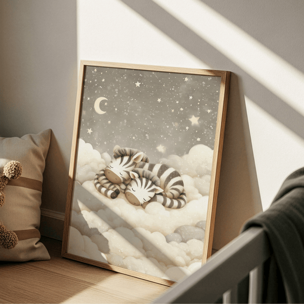 Soft beige Zebra Nursery Art, white clouds, kids' room wall art poster