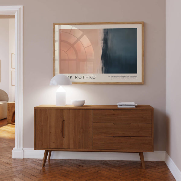 Minimalist peach and navy color block wall art for bedrooms