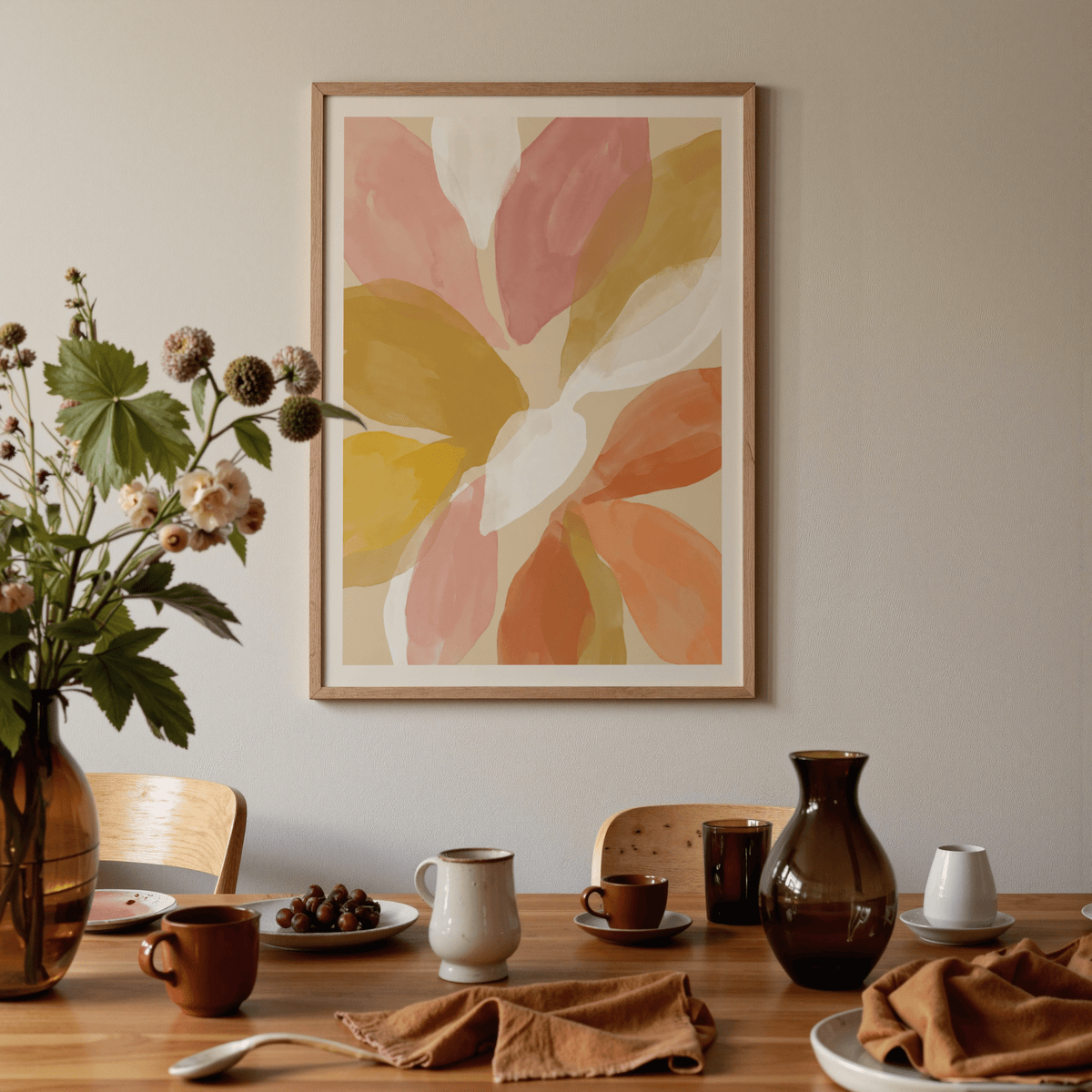 Floral Watercolor Art Print poster showing abstract petals fanning outward in warm tones