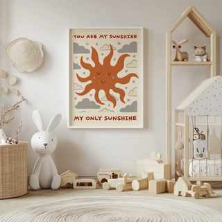 Whimsical nursery poster print showing a smiling sun with curved rays and scattered stars