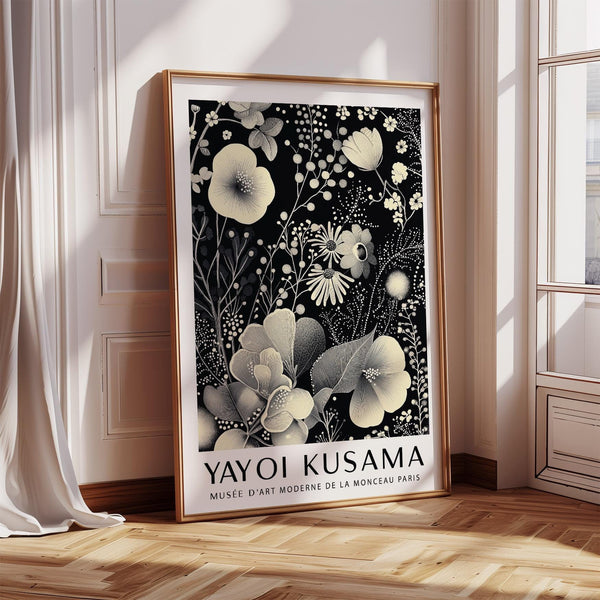 Large floral wall art in black and ivory with oversized abstract flowers