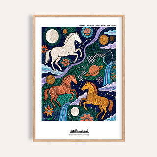 Cosmic Horse Art Print poster featuring three patterned horses under starry sky