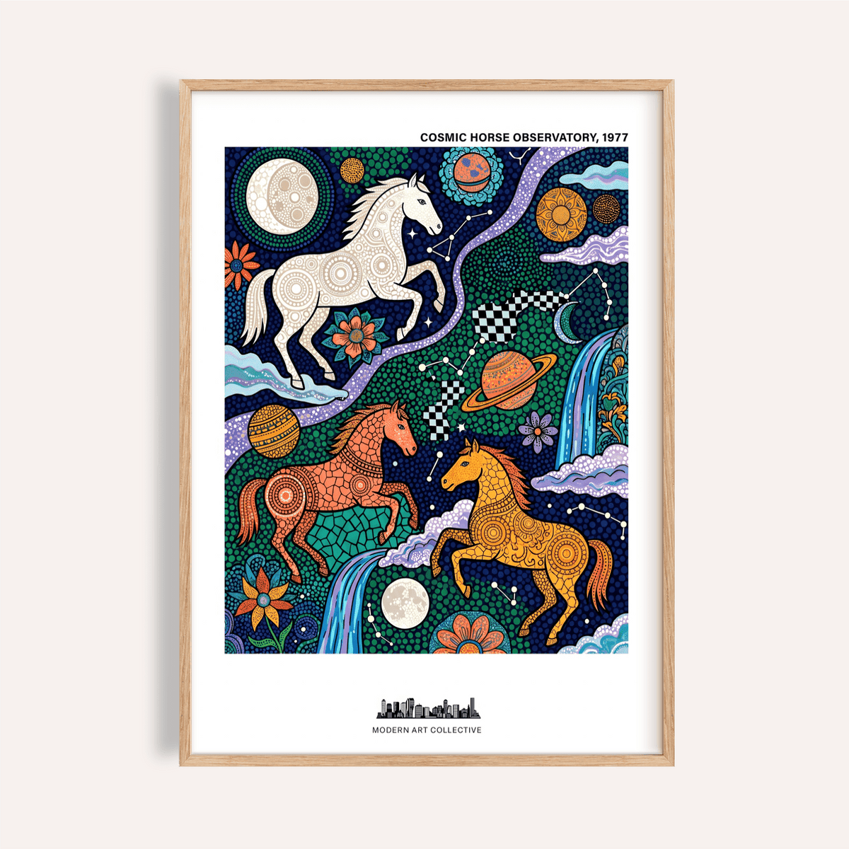 Cosmic Horse Art Print poster featuring three patterned horses under starry sky