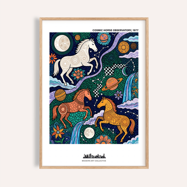 Cosmic Horse Art Print poster featuring three patterned horses under starry sky