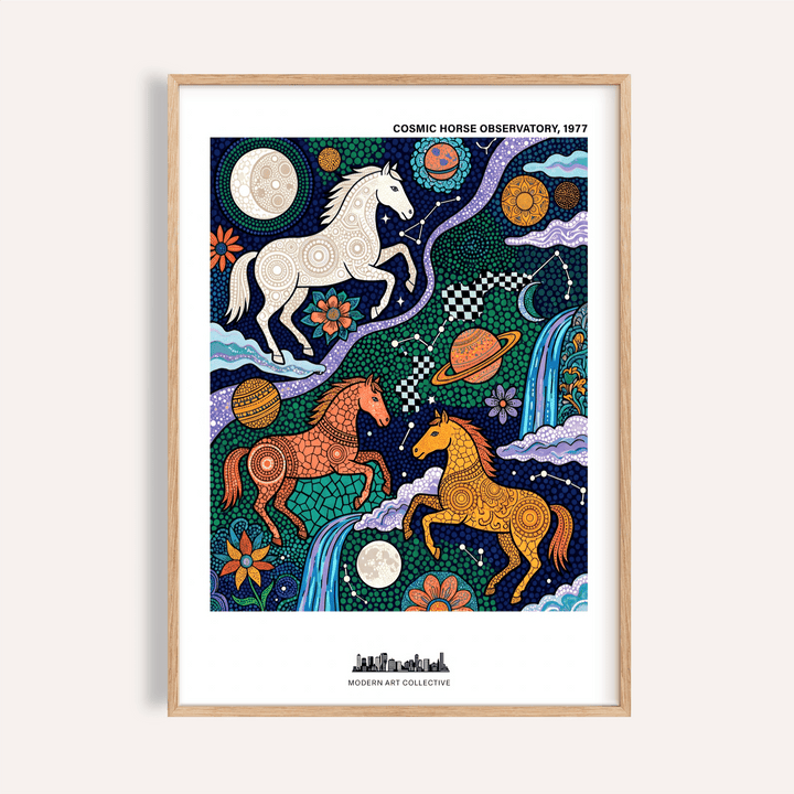 Cosmic Horse Art Print poster featuring three patterned horses under starry sky