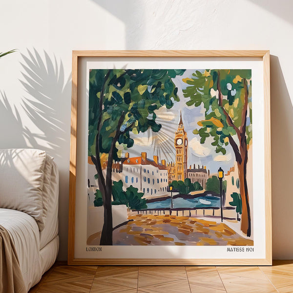 Colorful depiction of Big Ben framed by trees and river in Matisse Prints for Sale.