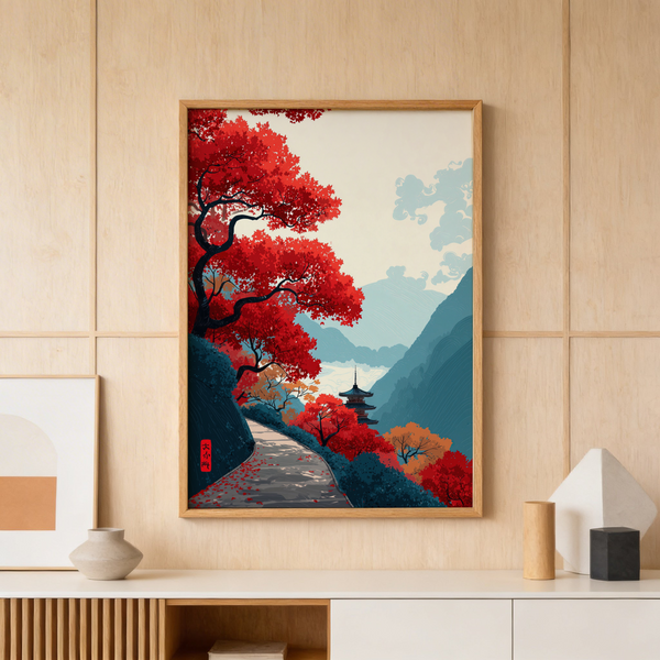 Minimal landscape print with red trees and distant pagoda