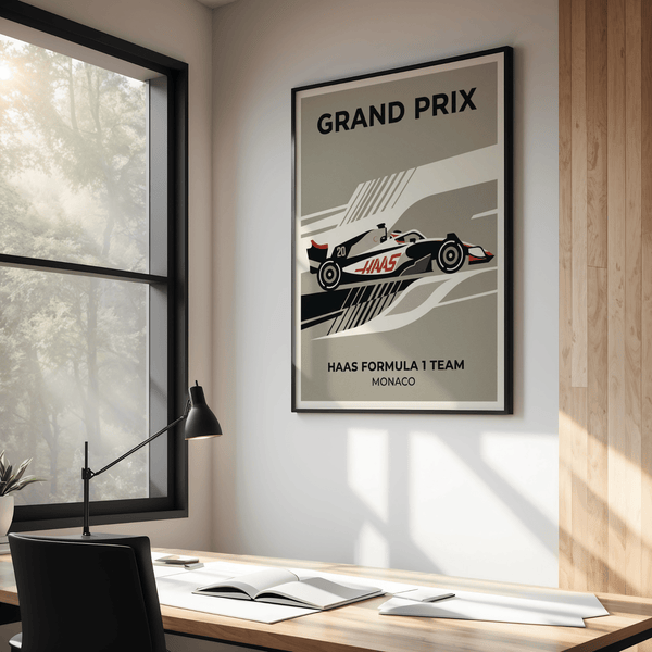 Minimalist Monaco motorsport wall art print with GRAND PRIX text and stylized race car