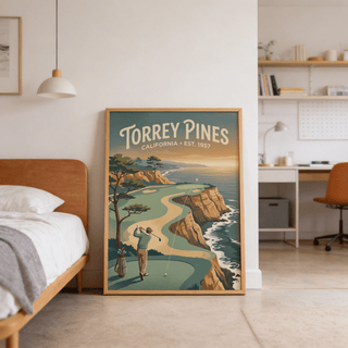 Retro travel poster inspired graphic of California cliffside course
