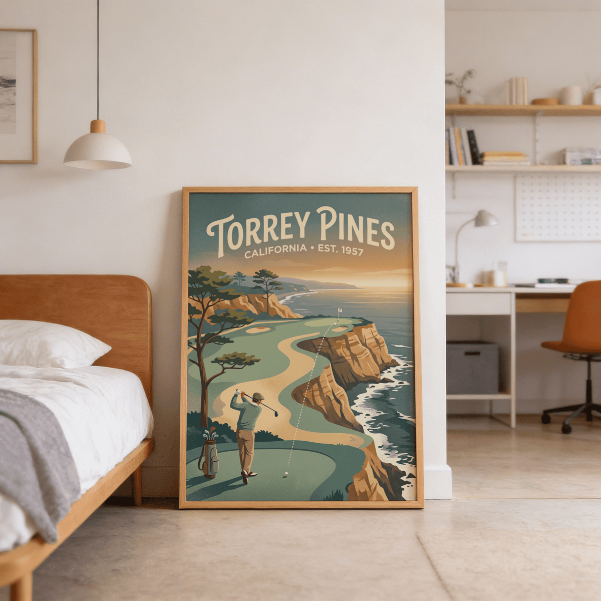 Retro travel poster inspired graphic of California cliffside course