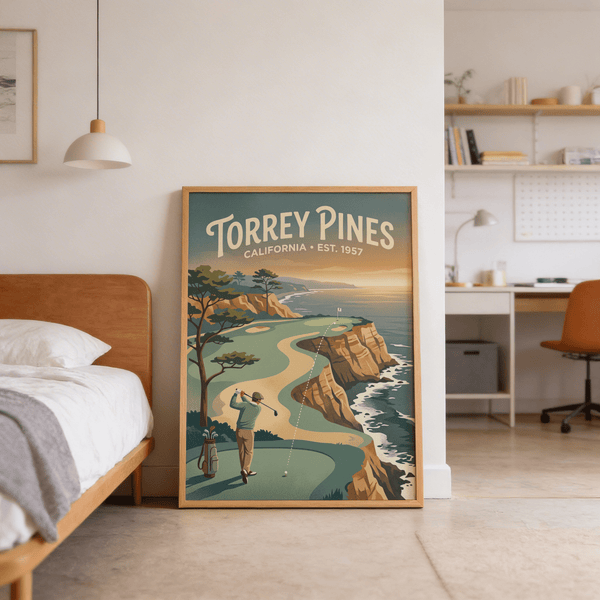 Retro travel poster inspired graphic of California cliffside course