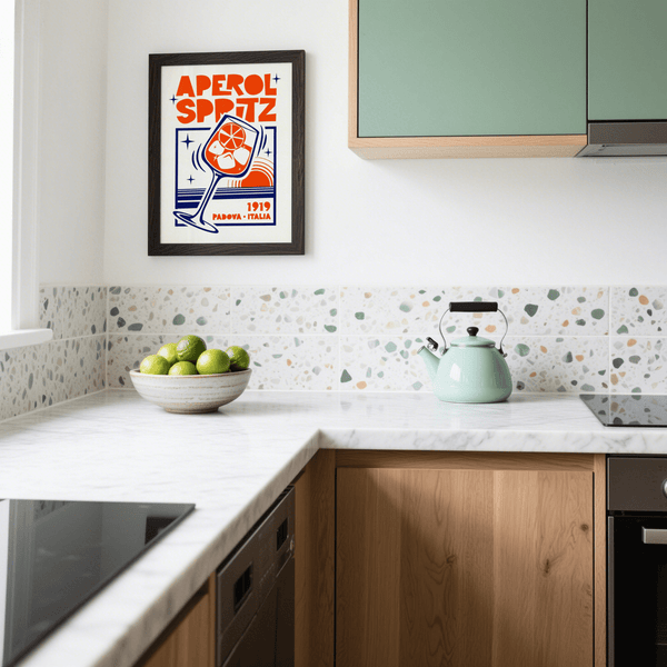 Playful kitchen wall art, Italian Cocktail Art Print, main colors Orange and Blue