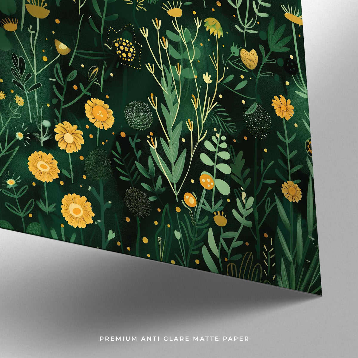 Green decor nature print with meadow plants and garden foliage.