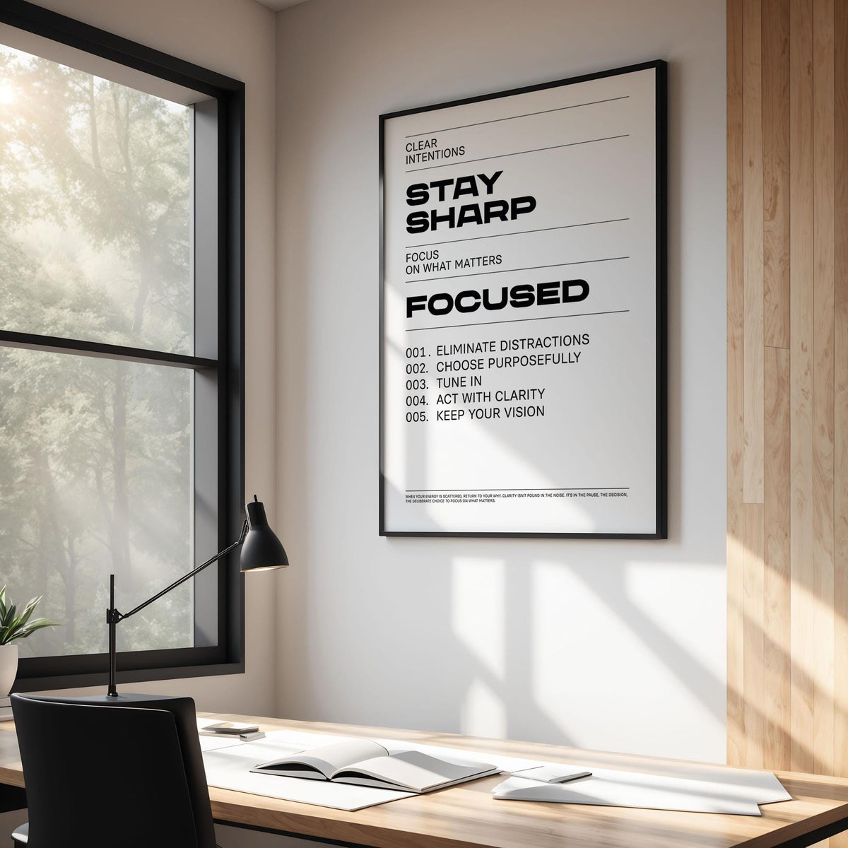Clean and modern Office Posters Motivational design featuring focus-oriented affirmations.