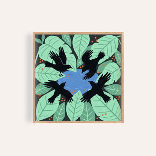 Front view of Crows Art Print poster with four crows circling a blue pond and large green leaves