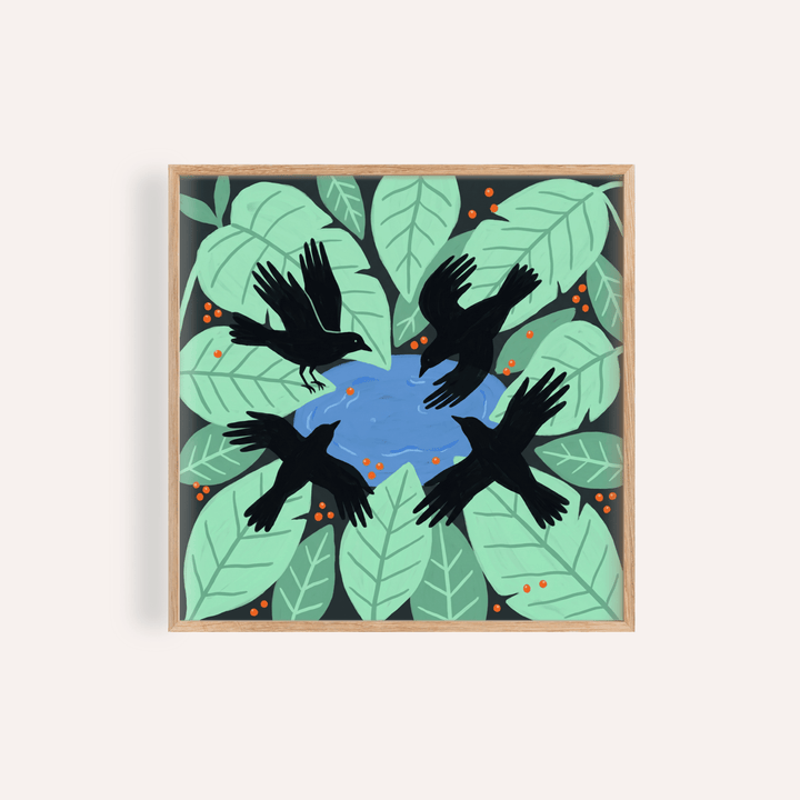 Front view of Crows Art Print poster with four crows circling a blue pond and large green leaves