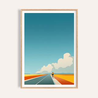 Above a straight road, cyclist poster with clouds and horizon