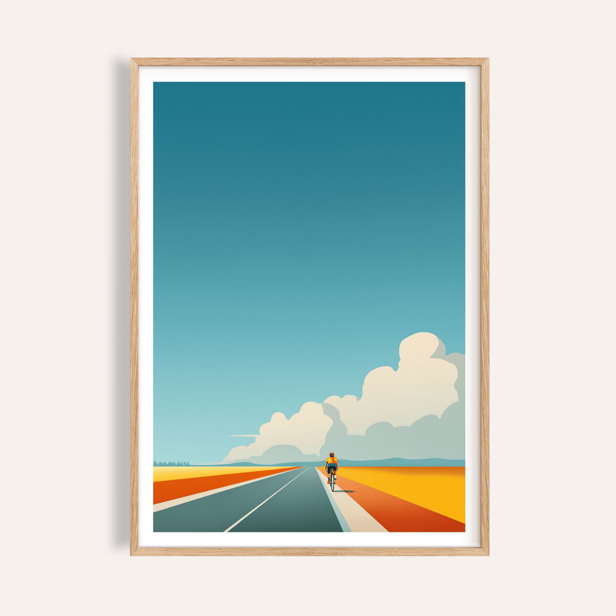 Above a straight road, cyclist poster with clouds and horizon