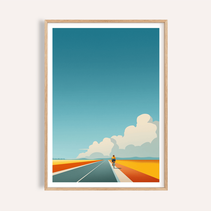Above a straight road, cyclist poster with clouds and horizon