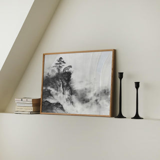 Asian tiger art with layered mountains and trees in monochrome ink tones.