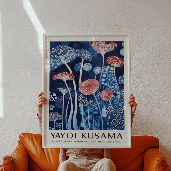 Red cap mushrooms rise in a dreamlike mushroom art print composition.