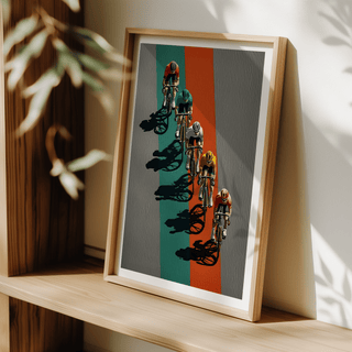Stylized Biking Wall Art print showing a racing peloton from above with bold stripes