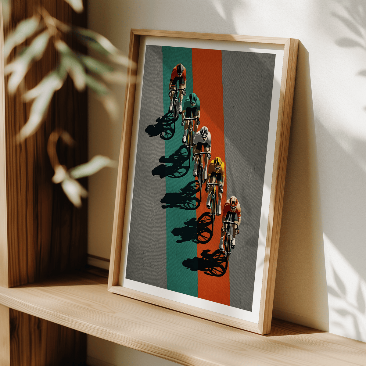 Stylized Biking Wall Art print showing a racing peloton from above with bold stripes