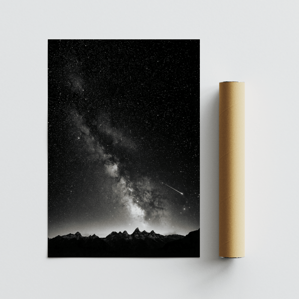 Scenic nocturnal landscape art print with bright galactic band and dark foreground peaks