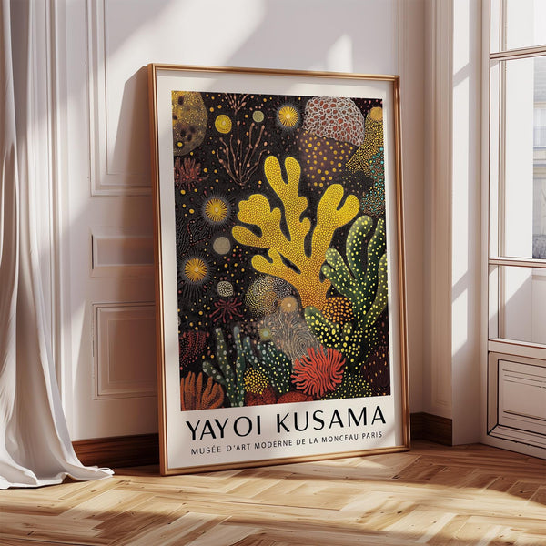 Coral reef painting with yellow and red abstract underwater forms.