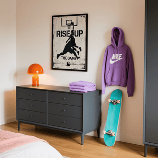 Monochrome dunk silhouette poster leaning on studio shelf