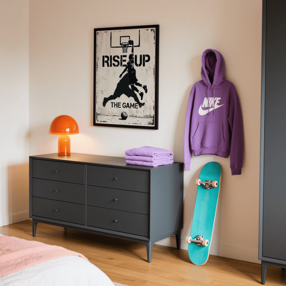 Monochrome dunk silhouette poster leaning on studio shelf