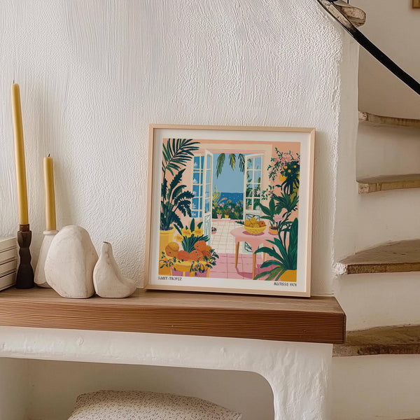 Bold brushstroke coastal wall art with warm terrace view for home design