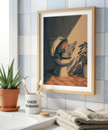 Humorous restroom poster labeled Frog Bathroom Art Print featuring newspaper reading frog