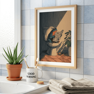 Humorous restroom poster labeled Frog Bathroom Art Print featuring newspaper reading frog