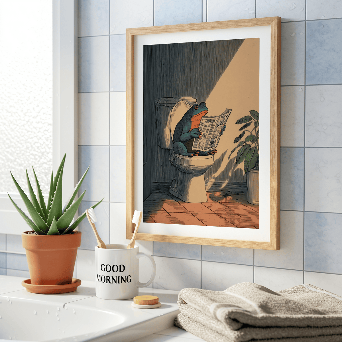 Humorous restroom poster labeled Frog Bathroom Art Print featuring newspaper reading frog