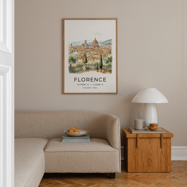 Watercolor skyline poster of cathedral dome and Tuscan rooftops