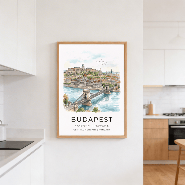 Travel city wall art print depicting Budapest skyline and bridge in the foreground