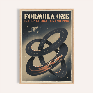 Featuring Racing Car Wall Art poster with looping track and space background