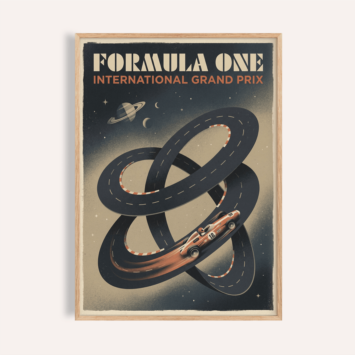 Featuring Racing Car Wall Art poster with looping track and space background