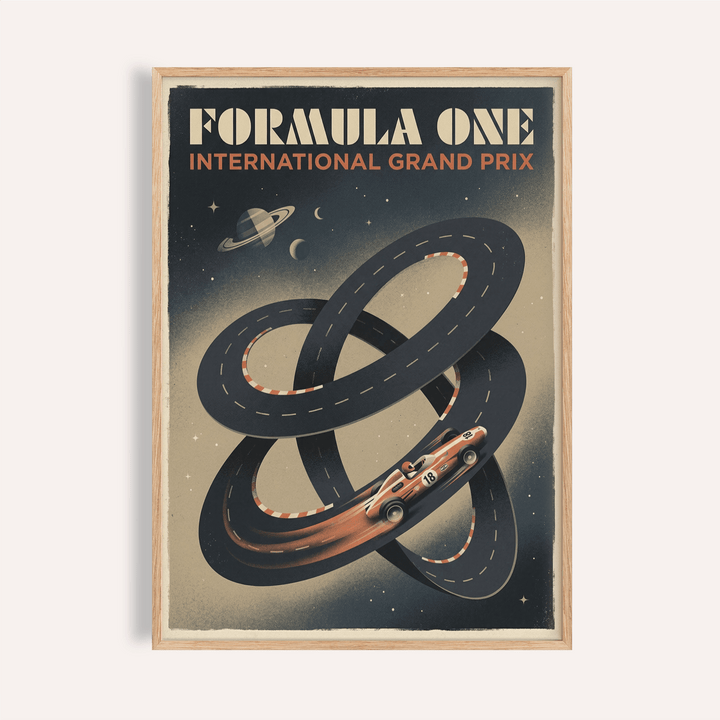 Featuring Racing Car Wall Art poster with looping track and space background