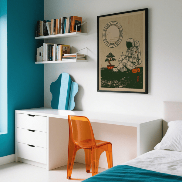 Space Astronaut Art Print modern wall art, main colors Green, Beige, Orange