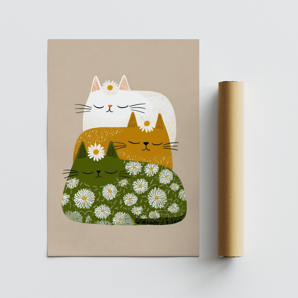 Sleeping Cats Art Print in beige tones for contemporary home office wall art