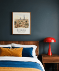 Typography travel poster print reading RIYADH with coordinates and skyline illustration
