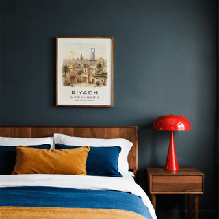 Typography travel poster print reading RIYADH with coordinates and skyline illustration
