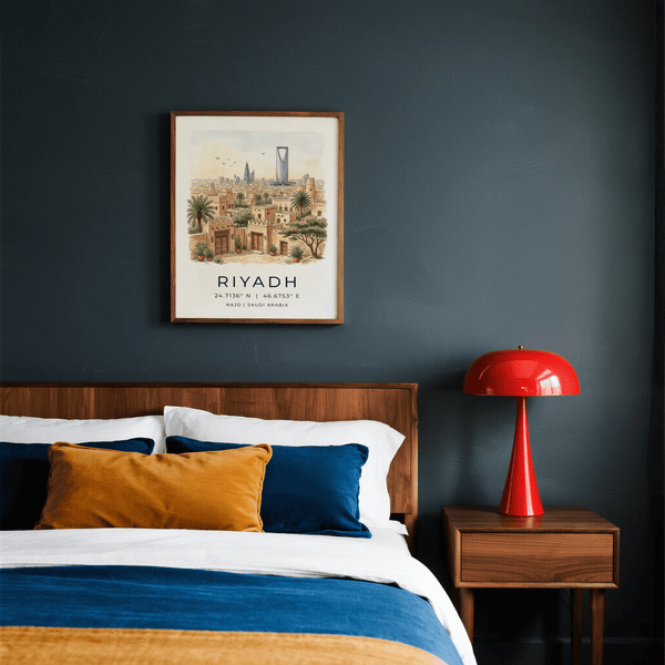 Typography travel poster print reading RIYADH with coordinates and skyline illustration